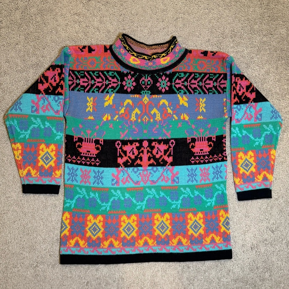 VINTAGE Radishes & Roses Geometric‎ Acrylic Knit Sweater Medium 10-12 Colorful